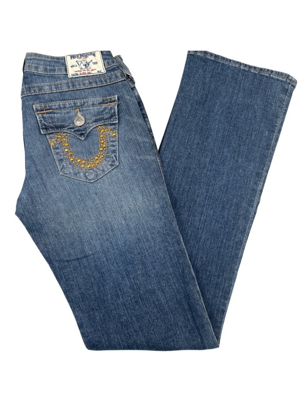True Religion Hi-Rise Bootcut Jeans 28 Blue Embellished Pockets Stretch Denim